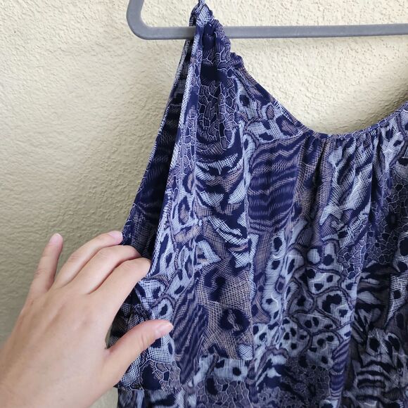 PARKER Mini Dress Cold Shoulder 100% Silk Ruffle Flared Sleeve Abstract Art Blue - Picture 4 of 10